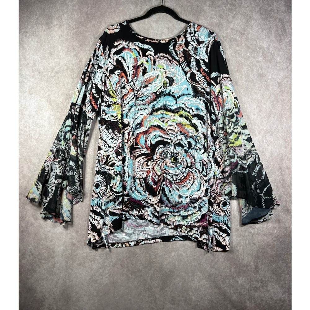 Ali Miles Tunic Top 1X Black Floral Bell Sleeve Abstract Boho Stretch Blouse